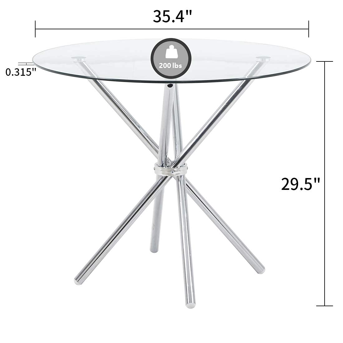 Modern Round Dining Table with Clear Tempered Glass Top, 4 Chrome Legs Kitchen Table for 2 or 4 Person,Round Dining Table Furniture for Home Office Kitchen Dining Room(W 35.4 x L 35.4 x H 29.5 inch)
