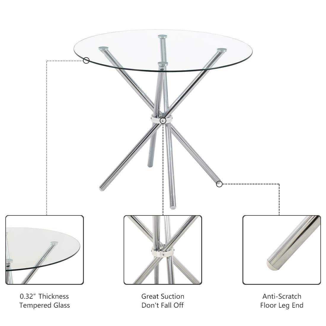 Modern Round Dining Table with Clear Tempered Glass Top, 4 Chrome Legs Kitchen Table for 2 or 4 Person,Round Dining Table Furniture for Home Office Kitchen Dining Room(W 35.4 x L 35.4 x H 29.5 inch)