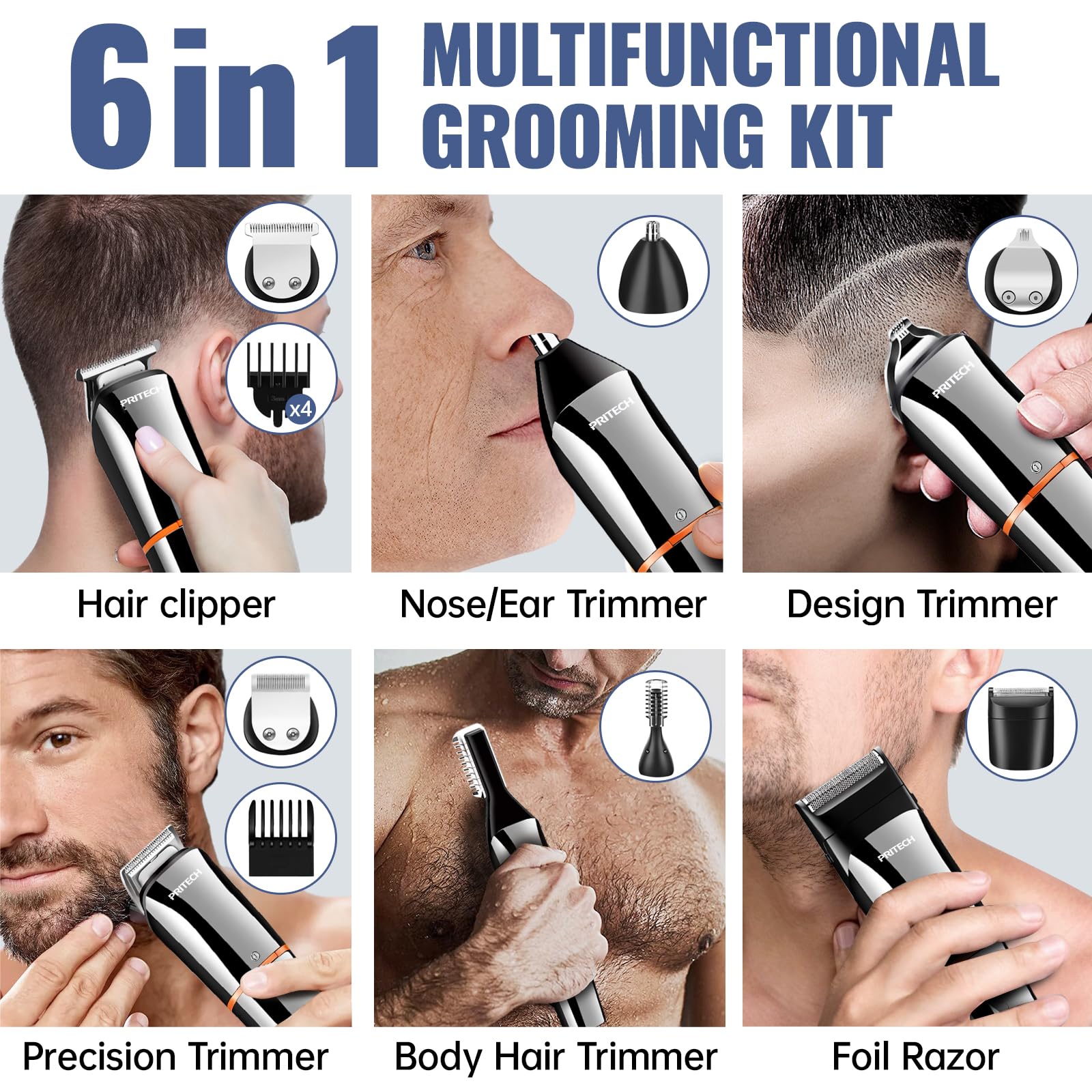 PRITECH Beard Trimmer,6 in 1 Kit Electric Hair Clipper,Cordless Nose Trimmer Mens Grooming Trimmer for Beard Head Face and Body Waterproof IPX6 USB Rechargeable LED Power Display