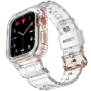 amband compatible for apple watch clear band 41mm 40mm 38mm with case, women cute girl crystal sport clear jelly protective cover bumper with strap for iwatch series se 9 8 7 6 5 4 3 2 1 transparent
