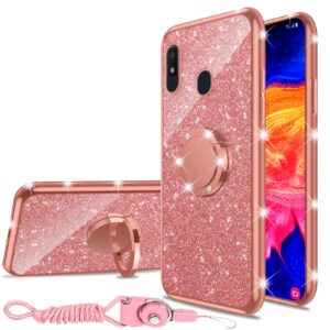 for samsung galaxy a10e phone case girls women cute rhinestone glitter tpu case with ring stand strap lanyard shockproof protection cover for samsung galaxy a20e -rose gold