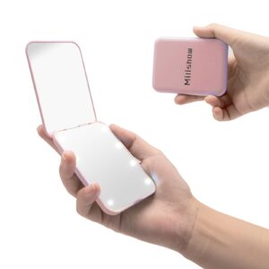 milishow compact mirror, 1x/3x magnifying led pocket mirror, small lighted travel makeup mirror for purse, handbag, folding, handheld, 2-sided mini mirror with lights for women (pink 1pack)