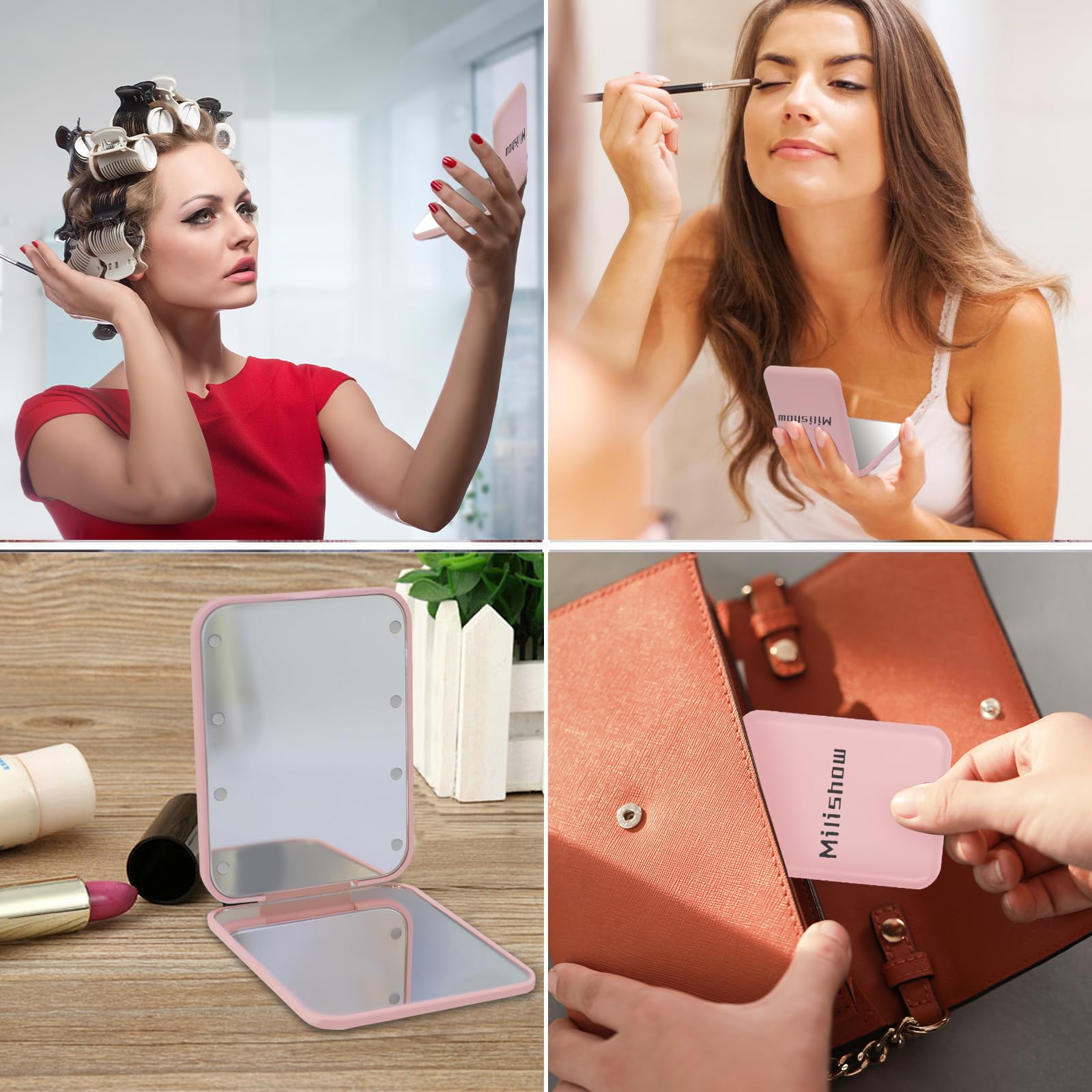 Milishow Compact Mirror, 1x/3x Magnifying LED Pocket Mirror, Small Lighted Travel Makeup Mirror for Purse, Handbag, Folding, Handheld, 2-Sided Mini Mirror with Lights for Women (Pink 1pack)