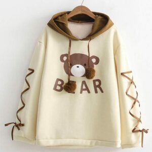 Voguelia Women Girls Bear & Slogan Graphic Hoodie Sweatshirts Tops Yellow