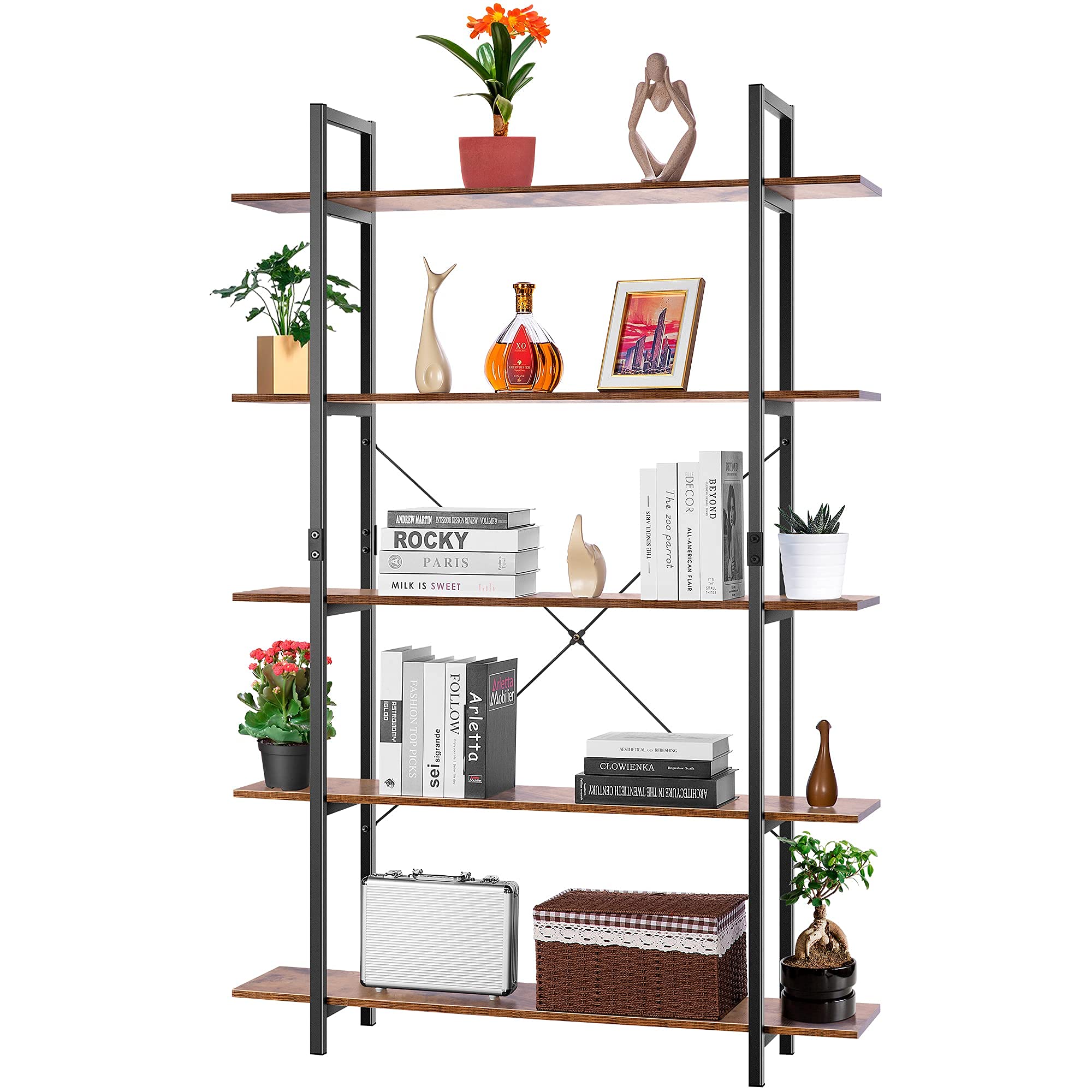 VIVOHOME 5-Tier Bookshelf, Industrial Bookcase, Open Storage Display Rack, Stable Metal Frame, Organizer Shelf for Living Room, Bedroom, Home Office