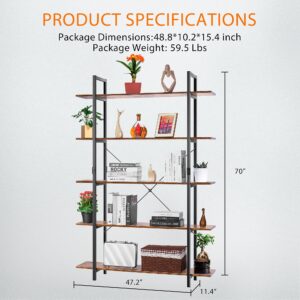 VIVOHOME 5-Tier Bookshelf, Industrial Bookcase, Open Storage Display Rack, Stable Metal Frame, Organizer Shelf for Living Room, Bedroom, Home Office