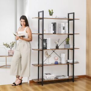 VIVOHOME 5-Tier Bookshelf, Industrial Bookcase, Open Storage Display Rack, Stable Metal Frame, Organizer Shelf for Living Room, Bedroom, Home Office