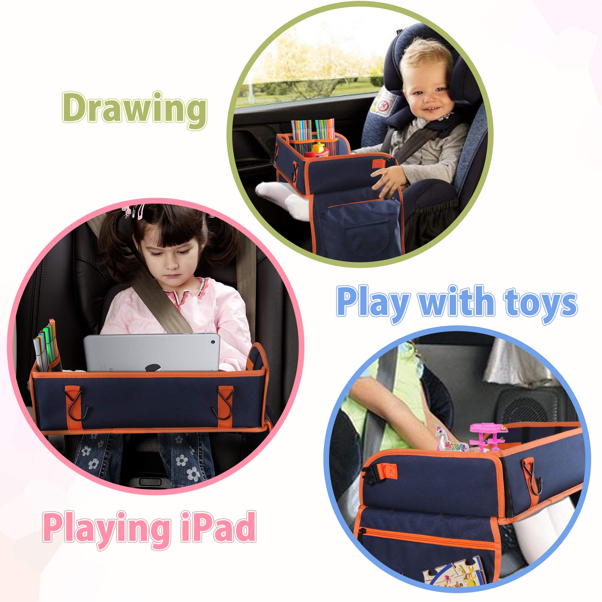 LAVIEVERT Kids Travel Tray, Toddler Car Seat Lap Tray, Eating Snack Tray, Activity Organizer No-Drop Tablet iPad Holder Stand for Stroller, Car, Airplane, Road Trip