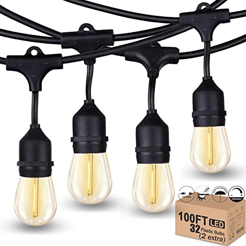 Meidaoduo Outdoor String Lights LED 100FT Heavy-Duty Patio Lights String with 32 Dimmable Shatterproof Plastic Bulbs for Gazebo Pergola Bistro Lights Linkable