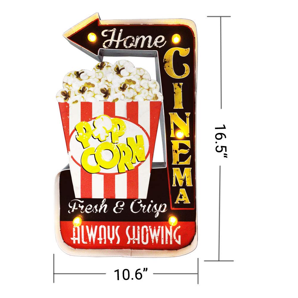 Popcorn Sign, LED Vintage Popcorn Decor Snacks Sign Wall Hanging Metal Handmade Marquee Embossed Tin Decor for Apartment, Home(Battery Operated)