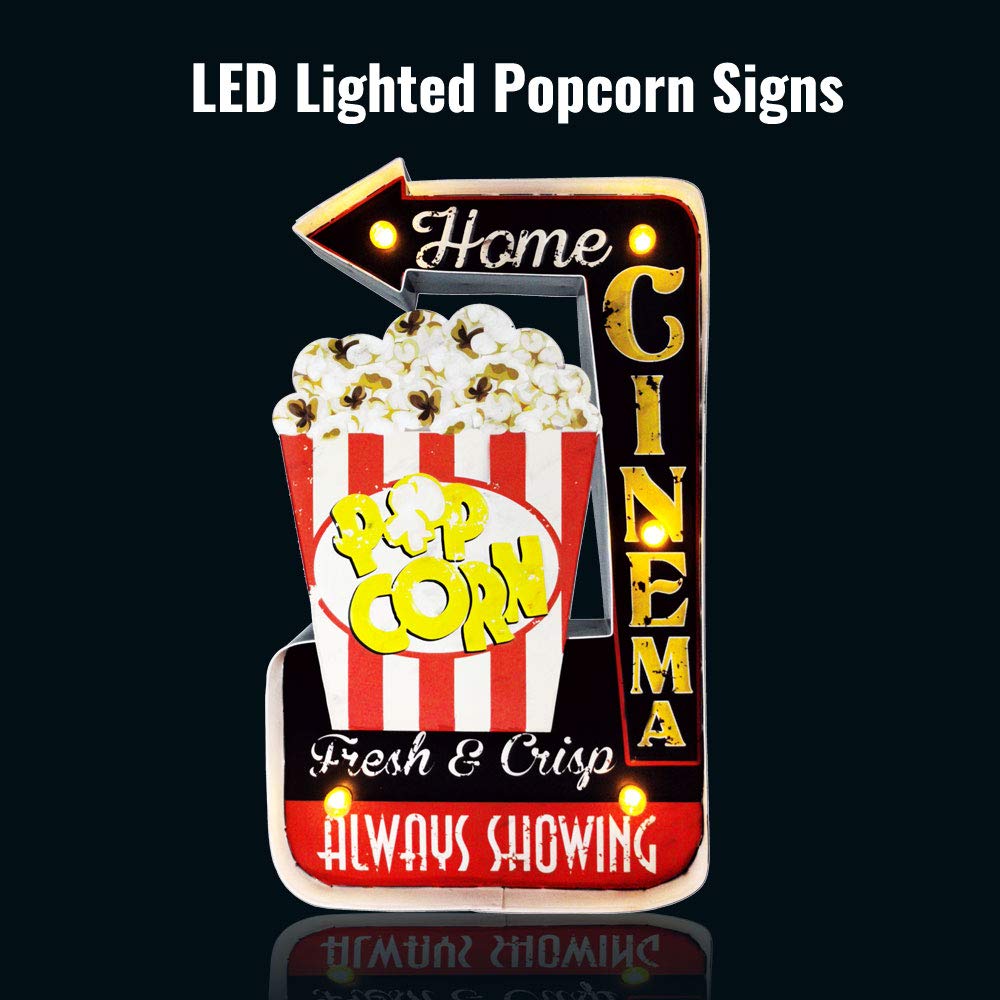 Popcorn Sign, LED Vintage Popcorn Decor Snacks Sign Wall Hanging Metal Handmade Marquee Embossed Tin Decor for Apartment, Home(Battery Operated)