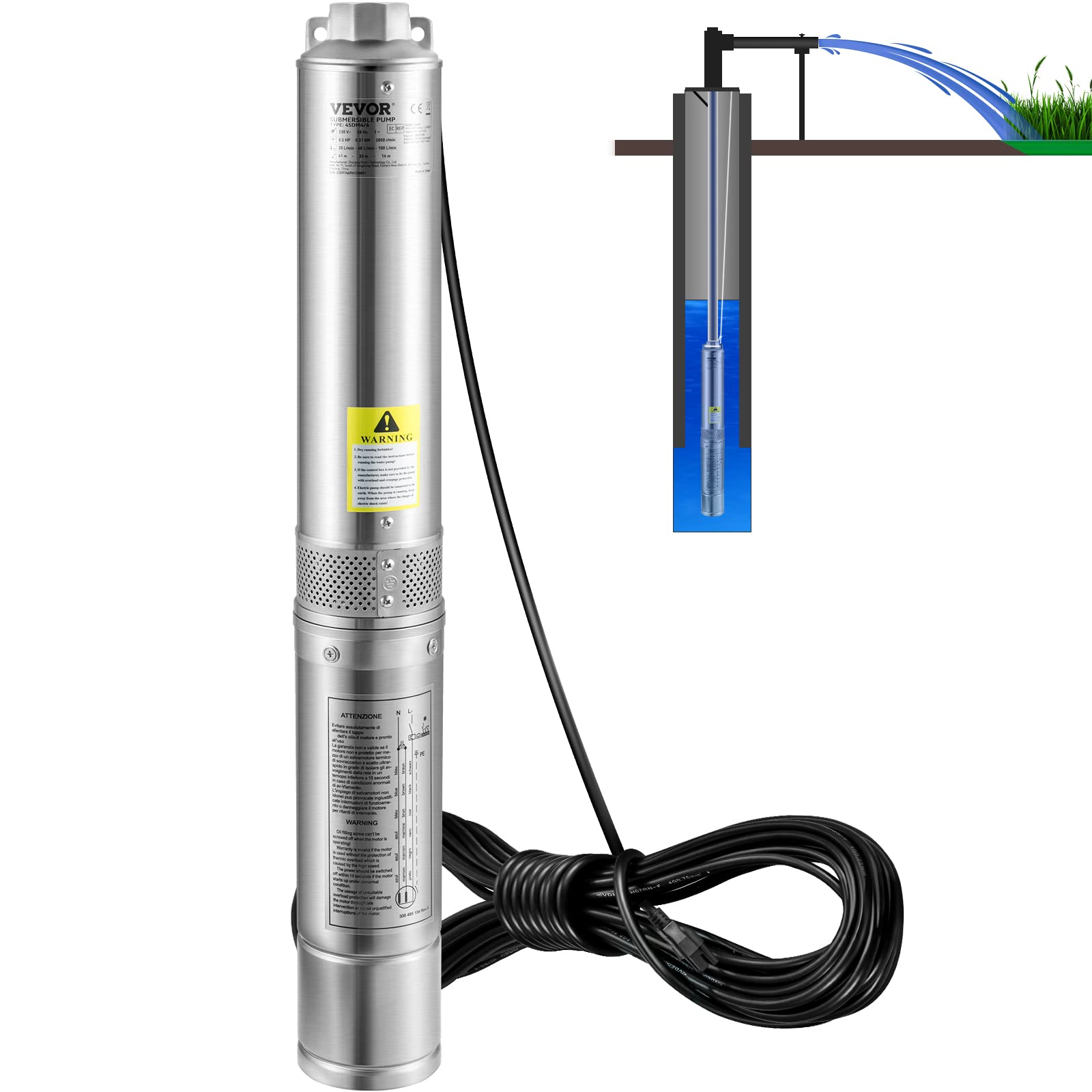 VEVOR Well Pump 1.5 HP, Submersible Well Pump 110V, Stainless Steel Deep Well Pump with 131ft Cable, Stainless Steel Deep Well Pump 24GPM for Cities Farmland Irrigation and Home Use