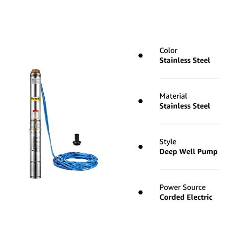 VEVOR Well Pump 1.5 HP, Submersible Well Pump 110V, Stainless Steel Deep Well Pump with 131ft Cable, Stainless Steel Deep Well Pump 24GPM for Cities Farmland Irrigation and Home Use