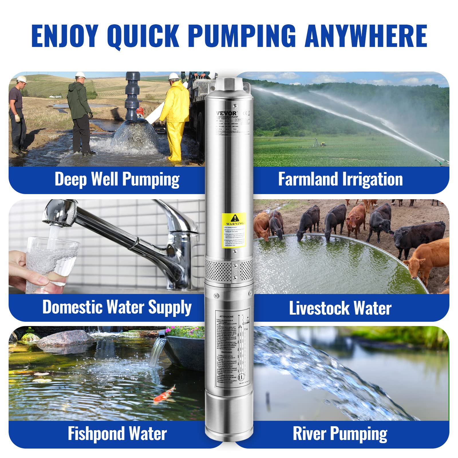 VEVOR Well Pump 1.5 HP, Submersible Well Pump 110V, Stainless Steel Deep Well Pump with 131ft Cable, Stainless Steel Deep Well Pump 24GPM for Cities Farmland Irrigation and Home Use