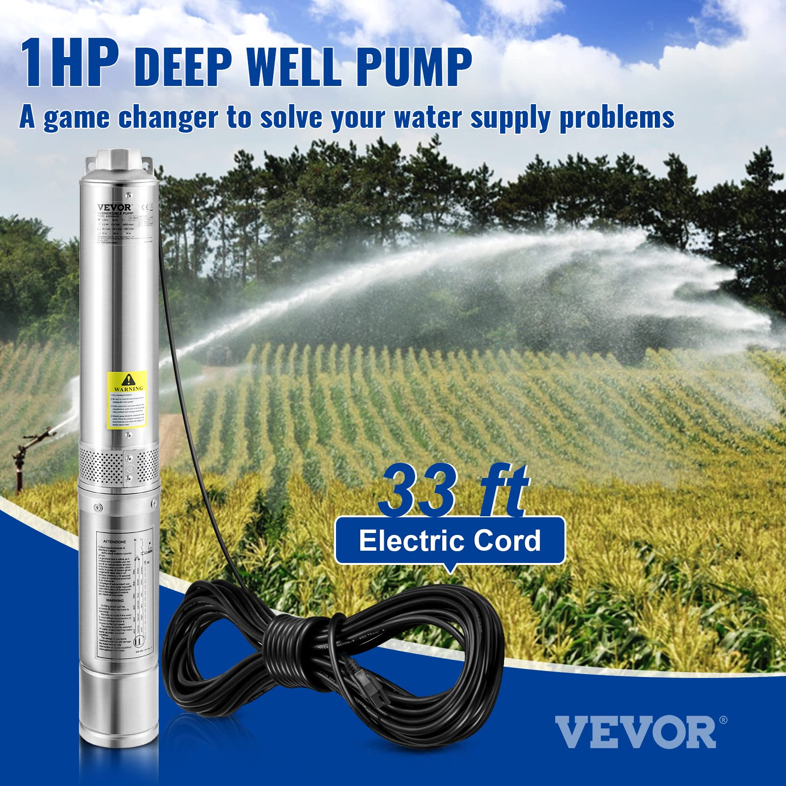 VEVOR Well Pump 1.5 HP, Submersible Well Pump 110V, Stainless Steel Deep Well Pump with 131ft Cable, Stainless Steel Deep Well Pump 24GPM for Cities Farmland Irrigation and Home Use