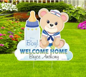 cute news welcome home its a boy teddy bear yard sign, custom name baby lawn decoration, personalized birth announcement, newborn arrival decoration card, stork gift