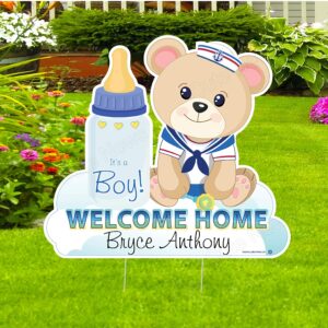 Cute News Welcome Home Its a Boy Teddy Bear Yard Sign, Custom Name Baby Lawn Decoration, Personalized Birth Announcement, Newborn Arrival Decoration Card, Stork Gift