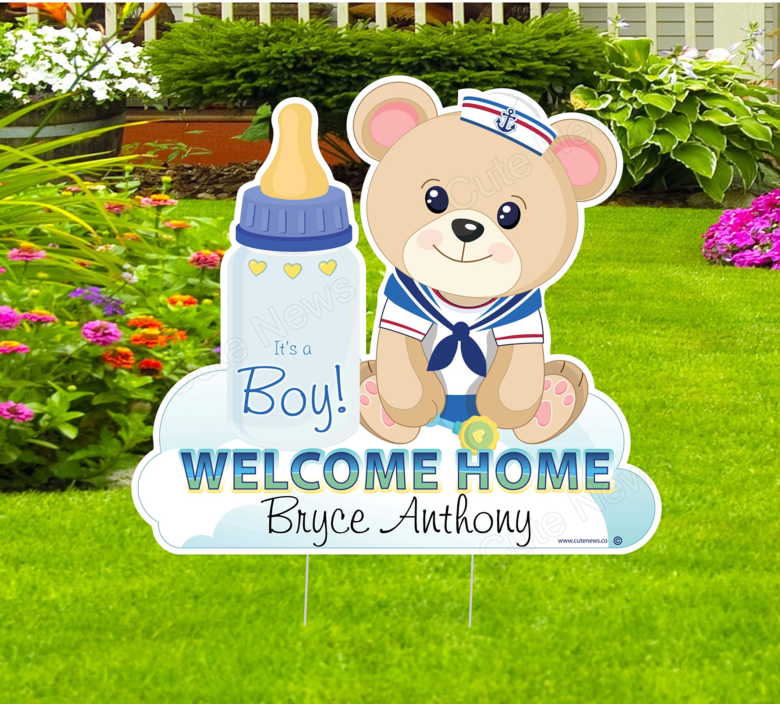 Cute News Welcome Home Its a Boy Teddy Bear Yard Sign, Custom Name Baby Lawn Decoration, Personalized Birth Announcement, Newborn Arrival Decoration Card, Stork Gift