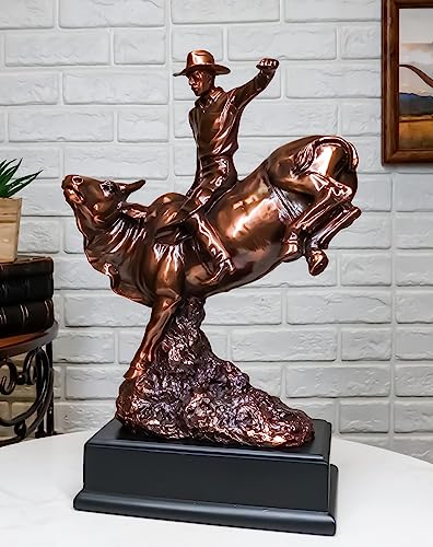 Ebros Large Rustic Western Rodeo Bull Rider Cowboy On Bucking Bull Statue in Electroplated Sepia Bronze Finish Old World Wild West Cattle Bull Riding Cowboys Accent Figurine