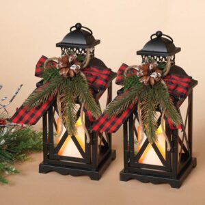 set of 2 10.5-inch rustic metal lighted holiday lantern candle holders with greenery and ribbon accents and timer – hanging or tabletop led christmas decoration – indoor outdoor winter home decor