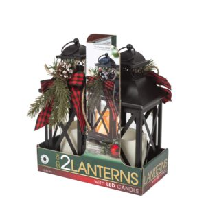 Set of 2 10.5-Inch Rustic Metal Lighted Holiday Lantern Candle Holders with Greenery and Ribbon Accents and Timer – Hanging or Tabletop LED Christmas Decoration – Indoor Outdoor Winter Home Decor