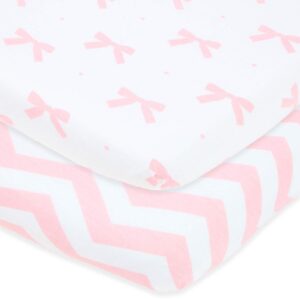 Bedside Sleeper Bassinet Sheets – Compatible with Milliard Side Sleeper – Fits 21 x 36 Mattress Without Bunching – Snuggly Soft Jersey Cotton – Pink Bows, Chevron – 2 Pack