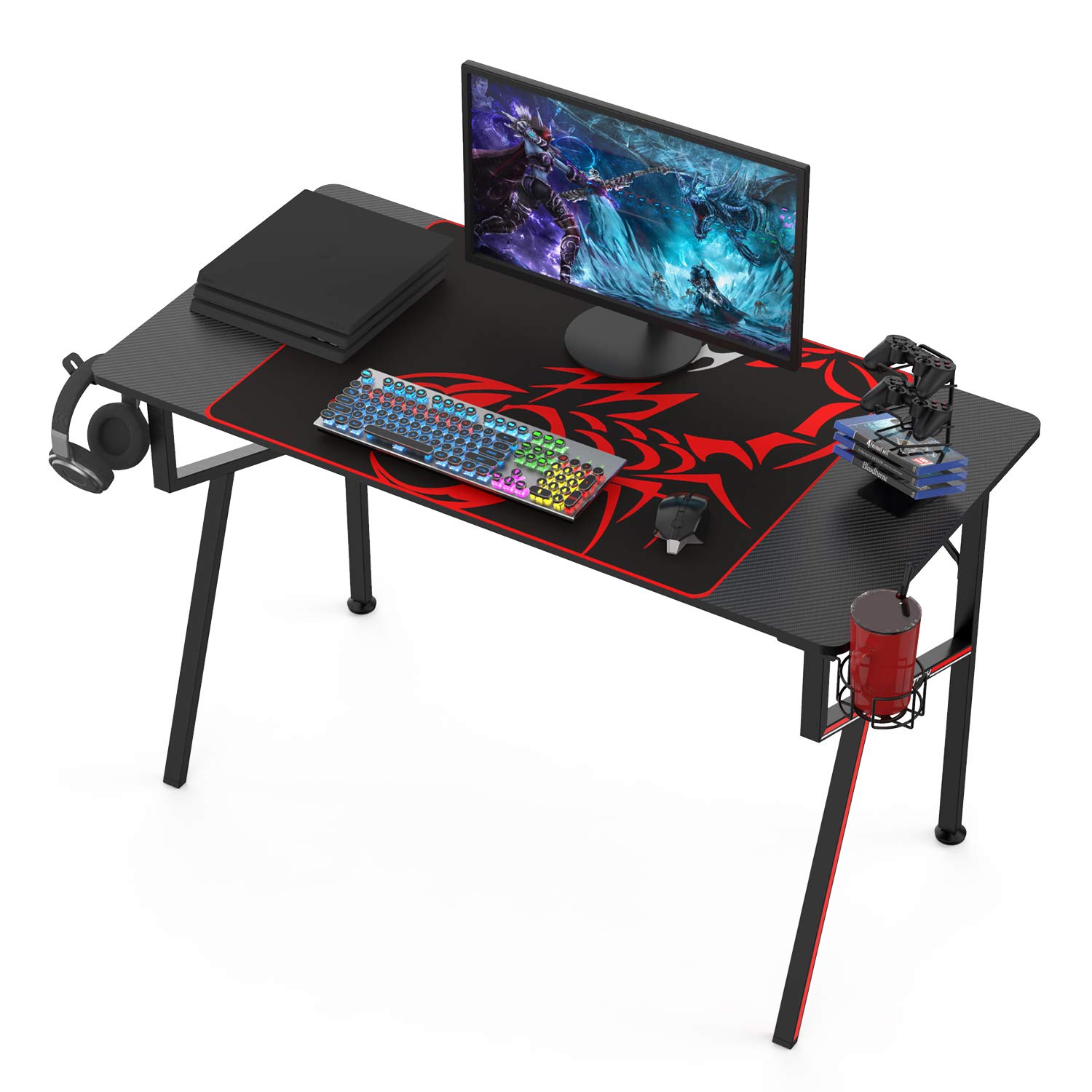 EE EUREKA ERGONOMIC Gaming Desk 47 Inch, Small Gaming Computer Desk Table for Small Space Gamer Desk with Mouse Pad Headset Hook Cup Holder Controller Stand, Black