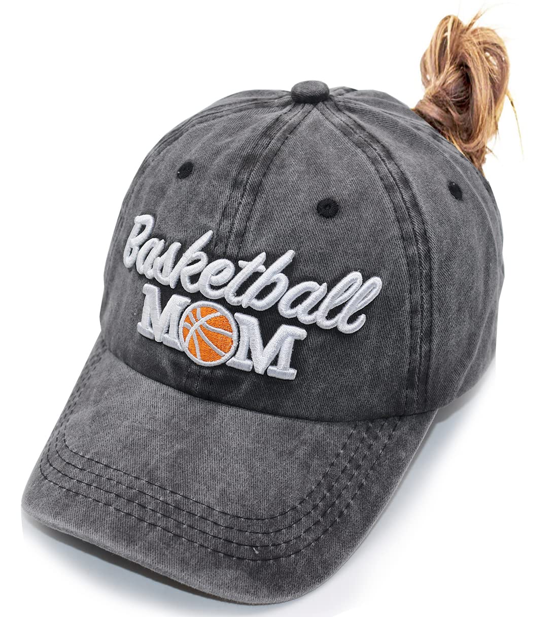 MANMESH HATT Basketball Mom Ponytail Baseball Cap Messy Bun Vintage Washed Distressed Twill Plain Hat for Women (Basketball Mom 3D Black, One Size)