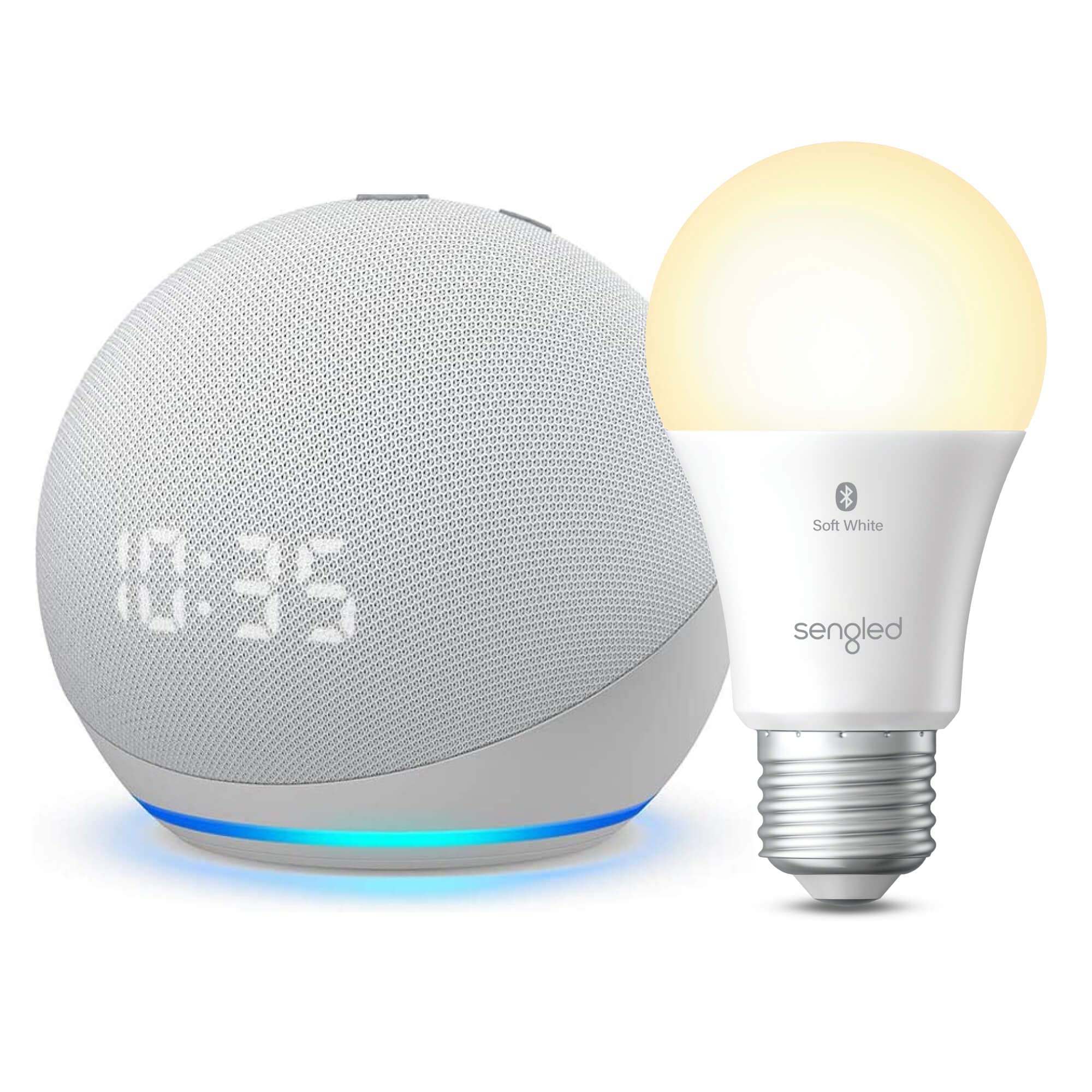 Echo Dot (4th Gen) with Clock | Glacier White with Sengled Bluetooth bulb | Alexa smart home starter kit