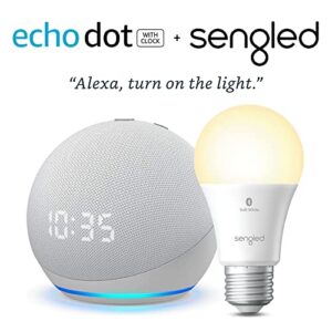 Echo Dot (4th Gen) with Clock | Glacier White with Sengled Bluetooth bulb | Alexa smart home starter kit