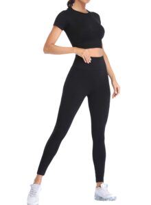 jollmono 2 piece short sleeve outfits for women seamless crop tops set for women workout set(8005s-black)