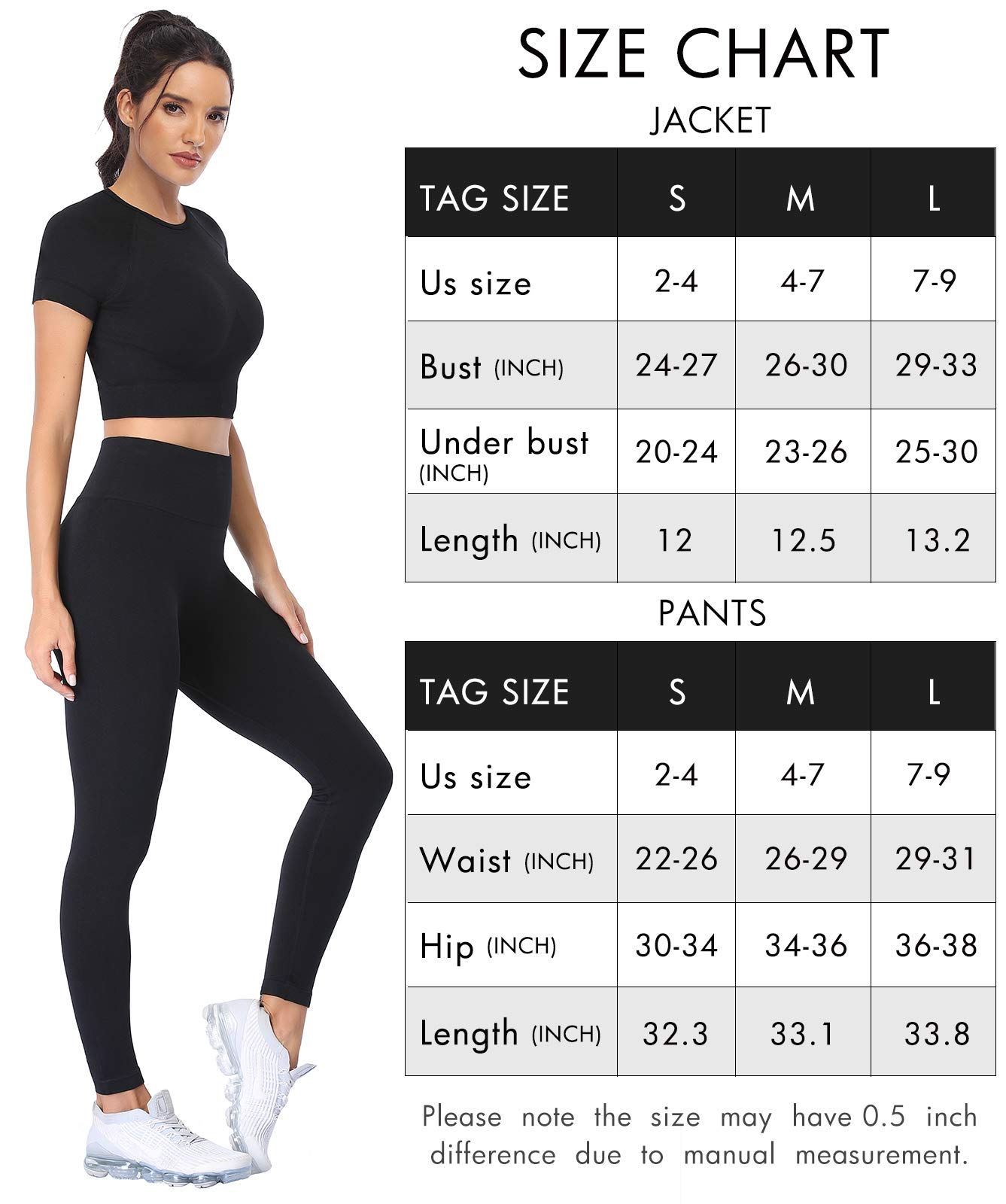 JOLLMONO 2 Piece Short Sleeve Outfits for Women Seamless Crop Tops Set for Women Workout Set(8005S-Black)