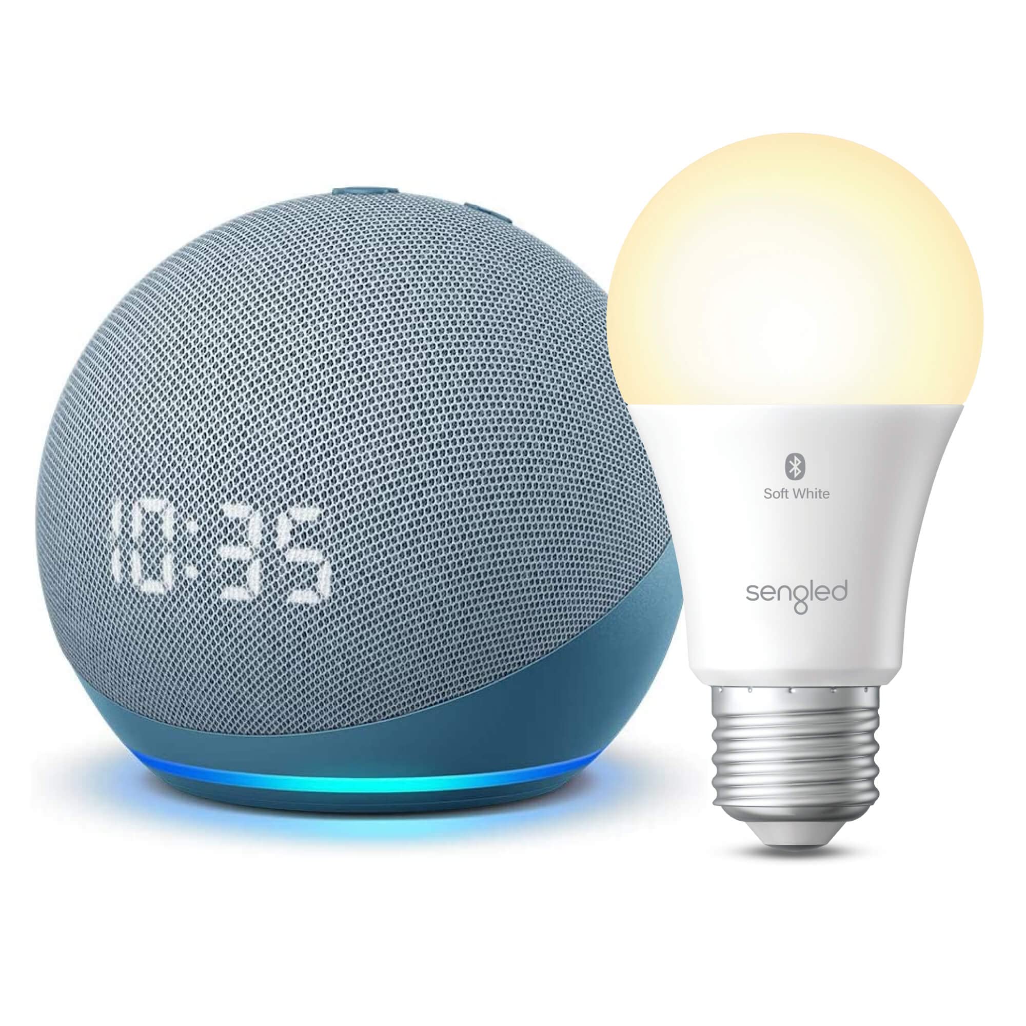 Echo Dot (4th Gen) with Clock | Twilight Blue with Sengled Bluetooth bulb | Alexa smart home starter kit