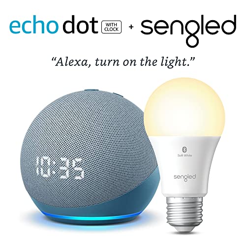 Echo Dot (4th Gen) with Clock | Twilight Blue with Sengled Bluetooth bulb | Alexa smart home starter kit