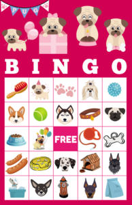 dog bingo game - bingo game for kids - pink puppy bingo game
