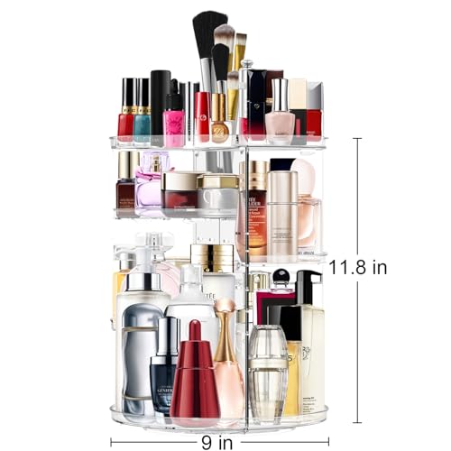 Makeup Organizer 360 Rotating Cosmetic Organizer DIY Adjustable Makeup Carousel Spinning Holder Rack, Large Capacity Cosmetic Storage Box Makeup Brushes Organizer for Vanity Countertop (Clear)