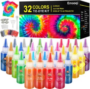 diy tie dye kits, emooqi 32 colours all-in-1 tie dye set contain 32 bag pigments, rubber bands, gloves, sealed bag, apron and table covers for craft arts fabric textile party diy handmade project
