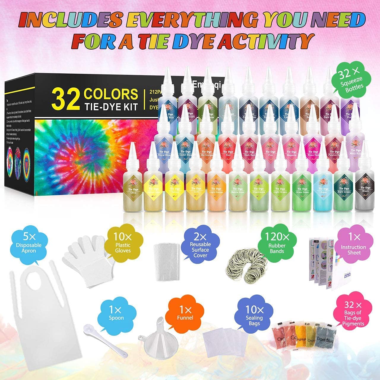 DIY Tie Dye Kits, Emooqi 32 Colours All-in-1 Tie Dye Set Contain 32 Bag Pigments, Rubber Bands, Gloves, Sealed Bag, Apron and Table Covers for Craft Arts Fabric Textile Party DIY Handmade Project