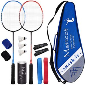 mattcot badminton set of 2 rackets – 2 carbon fiber rackets, 3 badminton birdies, 2 sweatbands, overgrip tape, frame protector tape, portable case – outdoor family games & pro racket sports by mattcot