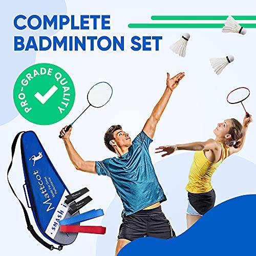 MATTCOT Badminton Set of 2 Rackets – 2 Carbon Fiber Rackets, 3 Badminton Birdies, 2 Sweatbands, Overgrip Tape, Frame Protector Tape, Portable Case – Outdoor Family Games & Pro Racket Sports By MATTCOT