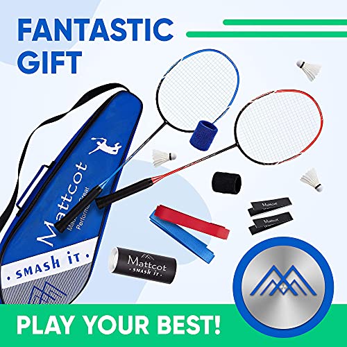 MATTCOT Badminton Set of 2 Rackets – 2 Carbon Fiber Rackets, 3 Badminton Birdies, 2 Sweatbands, Overgrip Tape, Frame Protector Tape, Portable Case – Outdoor Family Games & Pro Racket Sports By MATTCOT