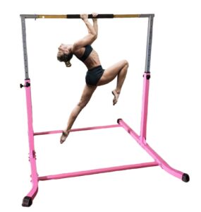 pro-gymnastics expandable gymnastics kip bar horizontal bar junior gymnastic training high bar asymmetric bar 13 level height adjustable 3 to 5 ft cushioned bar & curved legs (pink)
