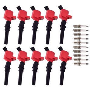 ena set of 10 red ignition coil pack and iridium spark plug compatible with ford lincoln mercury crown victoria e150 e250 expedition explorer f150 mountaineer 4.6l replacement for fd503 sp493