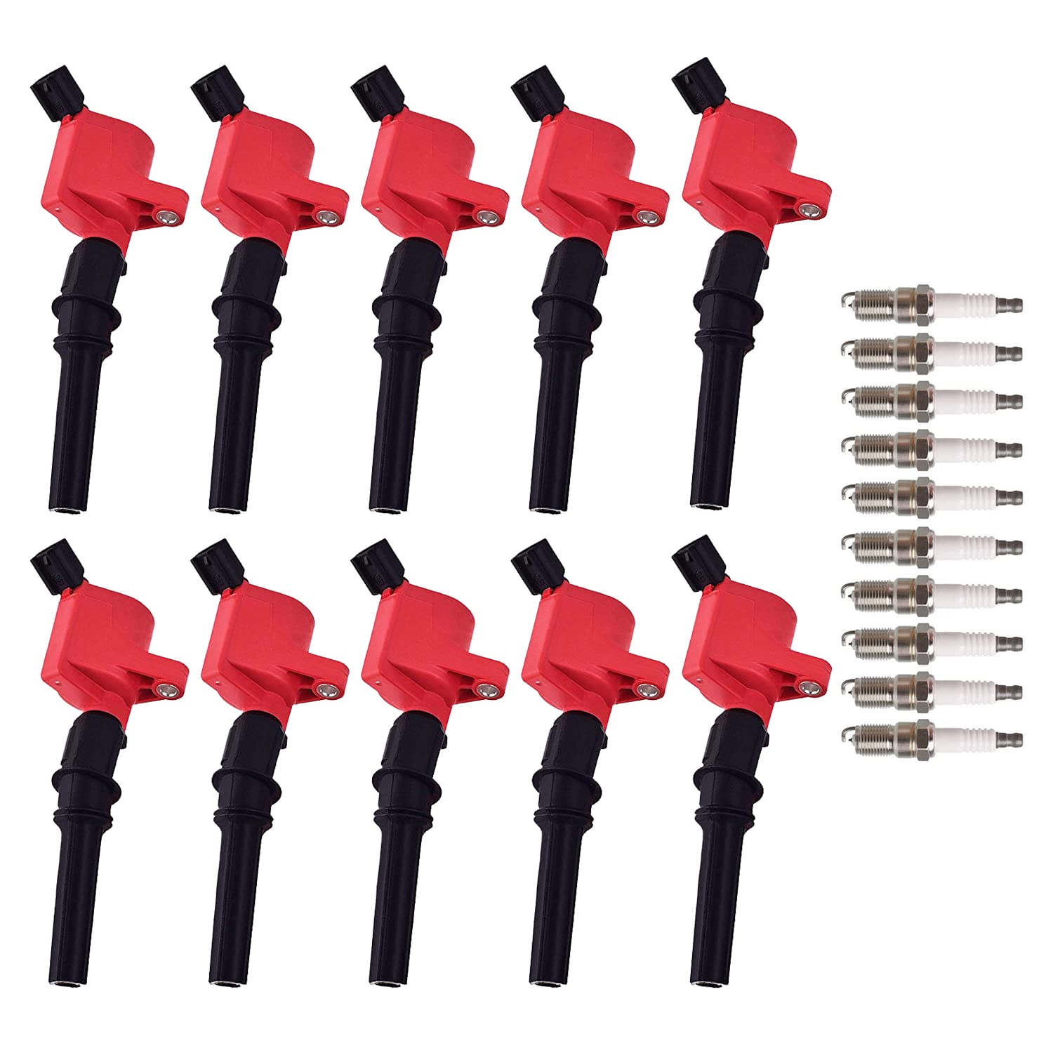 ENA Set of 10 Red Ignition Coil Pack and Iridium Spark Plug Compatible with Ford Lincoln Mercury Crown Victoria E150 E250 Expedition Explorer F150 Mountaineer 4.6L Replacement for FD503 SP493