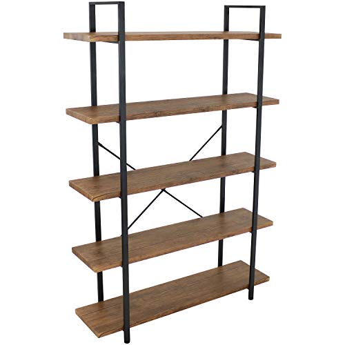 Sunnydaze 5-Tier Industrial Style Bookshelf with Open Shelves and Veneer Finish - North American Teak