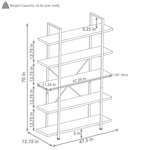 Sunnydaze 5-Tier Industrial Style Bookshelf with Open Shelves and Veneer Finish - North American Teak