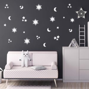 set of 21 vinyl wall art decal - sun moon & stars - 22" x 36" (from 2" x 8" each) - modern cute minimalist sky design stickers for kids room bedroom playroom daycare nursery classroom decor (white)