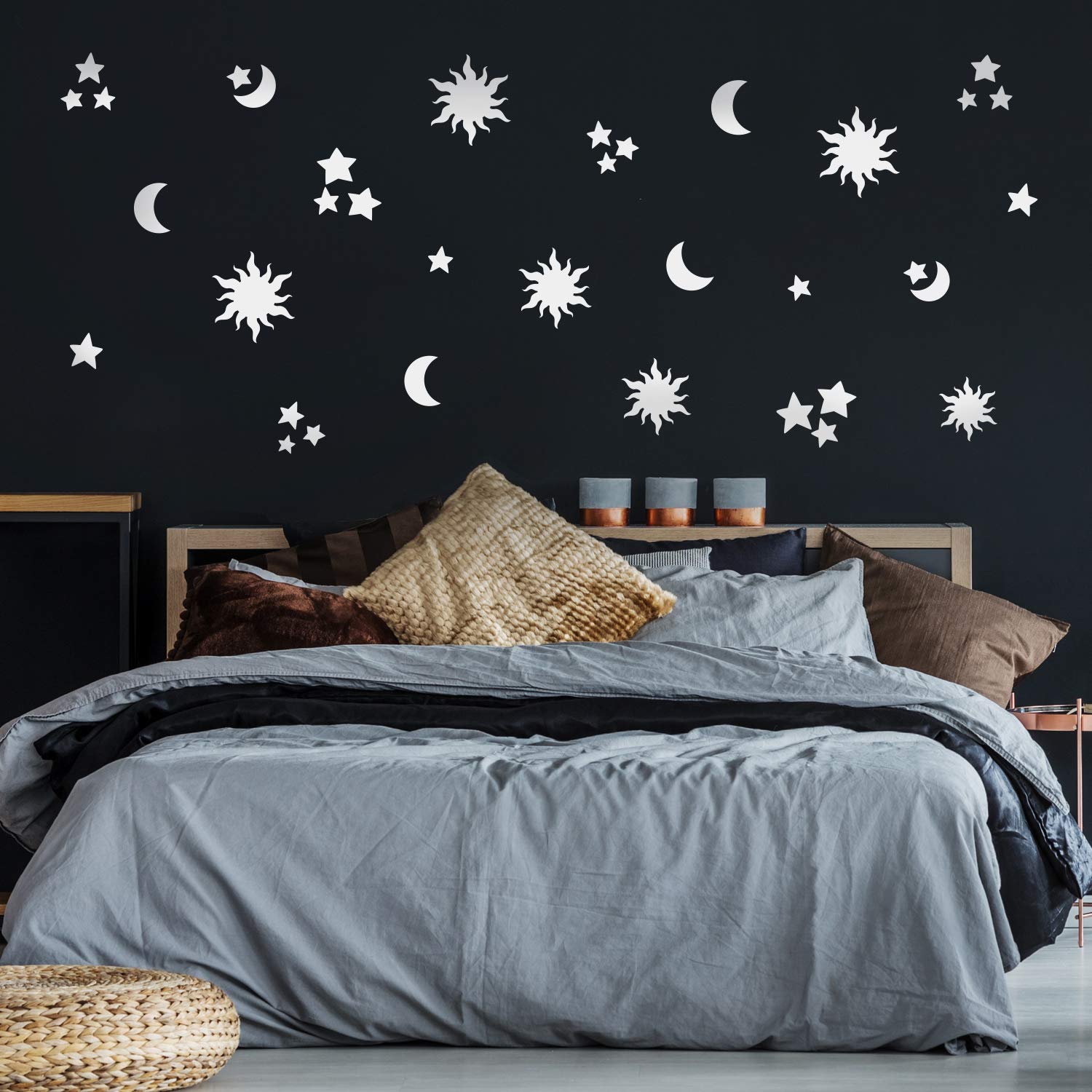 Set of 21 Vinyl Wall Art Decal - Sun Moon & Stars - 22" x 36" (from 2" x 8" Each) - Modern Cute Minimalist Sky Design Stickers for Kids Room Bedroom Playroom Daycare Nursery Classroom Decor (White)