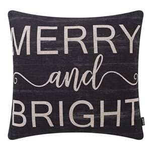 TRENDIN Christmas Farmhouse Black Merry and Bright Throw Pillow Cover 18x18 Inch Cotton Linen Square Decorative Winter Holiday Cushion Cover Xmas Pillowcase for Sofa Couch PL580TR