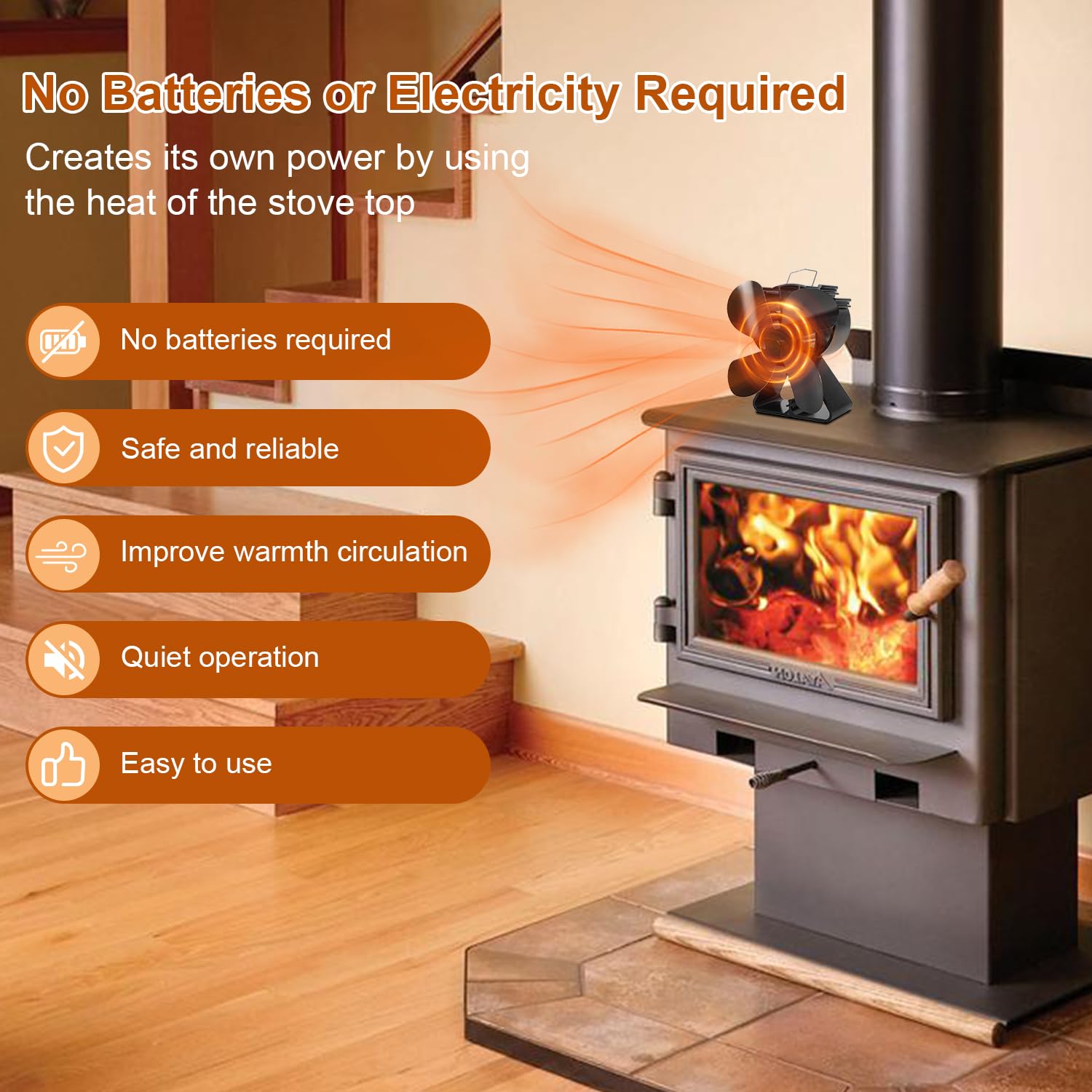 VODA Stove Fan Newly Upgraded 4 Blades Heat Powered Stove Eco Fans for Wood Log Burner Fireplace Larger Air Flow about 240CFM